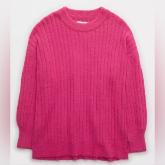 Aerie Hot Pink Buttercream Ribbed Long Sleeve Crewneck Sweater XS Fuzzy - Picture 3 of 14